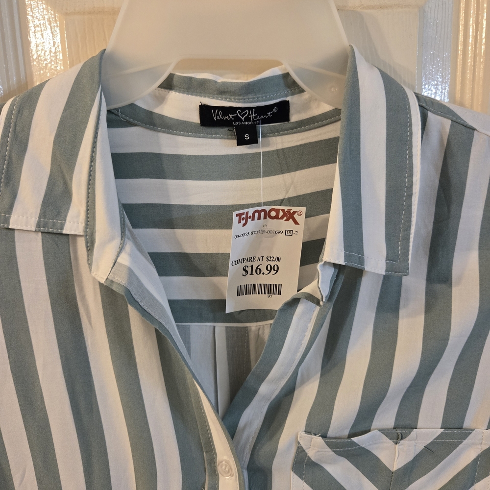 Velvet Heart Sage Green and White Striped Button-Down Shirt